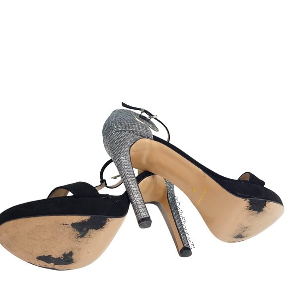 Vera Pelle Italy, women's black suede & metallic Silver pump stiletto heels - Picture 5 of 7